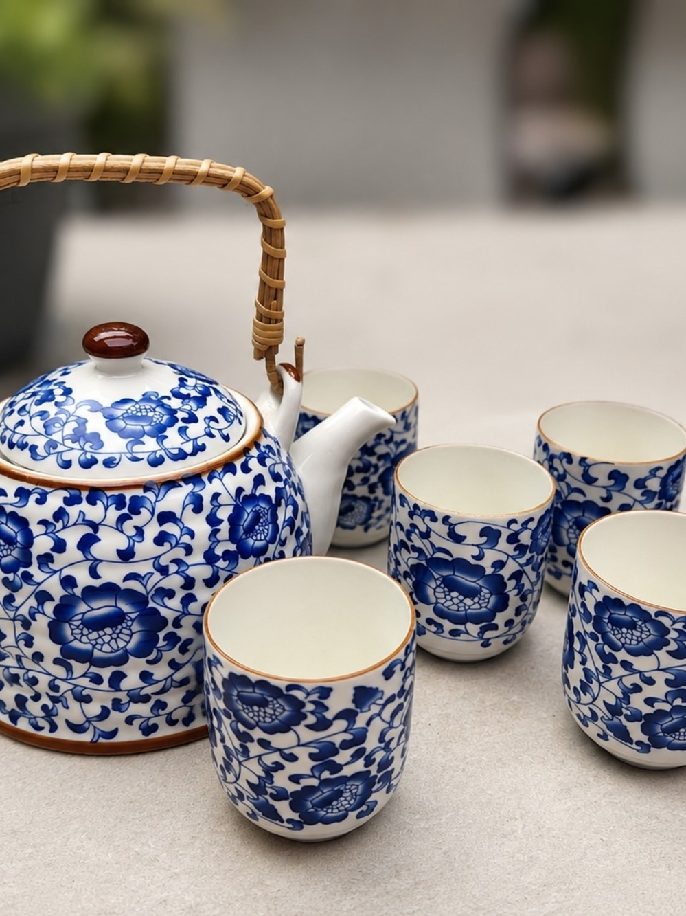 Vintage Jingdezhen Chinese Blue White Floral Porcelain Tea Set Teapot 6 Cups